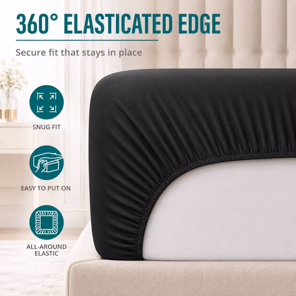 Pamposh Black Microfibre Plain Fitted Sheet, Super King, W/D: 200 x 200 cm, Pocket Depth: 40 cm – 4