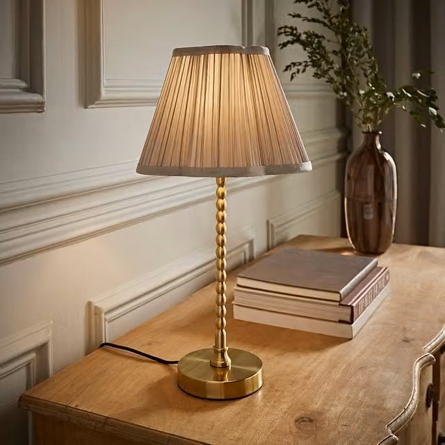 Maeve Brushed Gold Bobble Table Lamp with Grey Pleated Scallop Fabric Shade