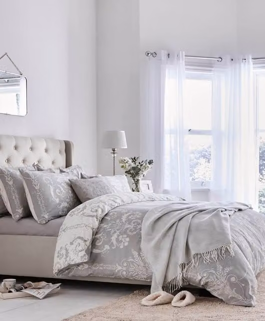 Laura Ashley Josette Reversible Floral Cotton Duvet Cover and Pillowcase Set in Grey