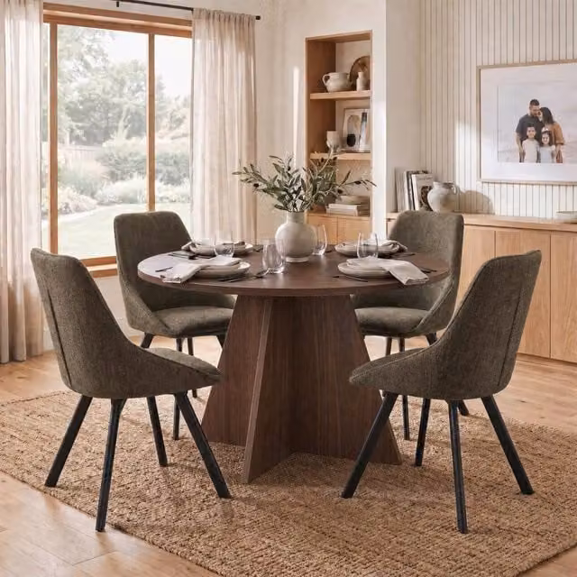 FWStyle Modern Round Walnut and Oak Dining Table with 4 Green Swivel Chairs in Brown, Diameter: 120 cm, Height: 75 cm – 1