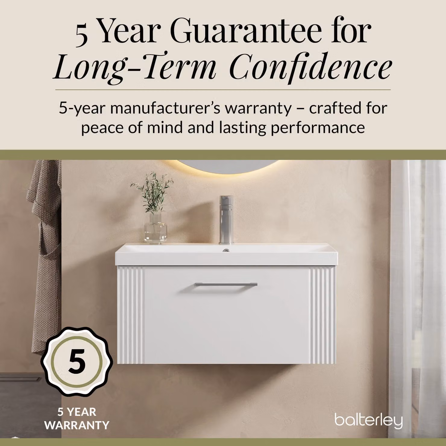 Balterley Wall Hung 1 Drawer Vanity Unit with Thin-Edge Basin, Satin White, Width: 80 cm – 2
