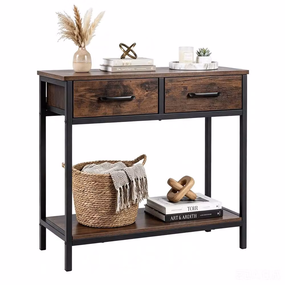 VOGREX Industrial Narrow Entry Console Table in Brown with Two Fabric Drawers, W: 75 cm, H: 70 cm – 5