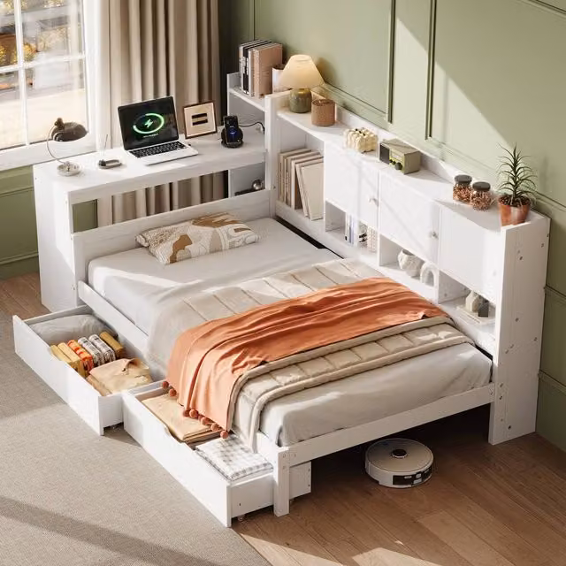 Merax White Solid Wood Single Daybed with Desk, Storage Drawers, Shelves and USB Charging Port, W/D/H: 90 x 190 cm