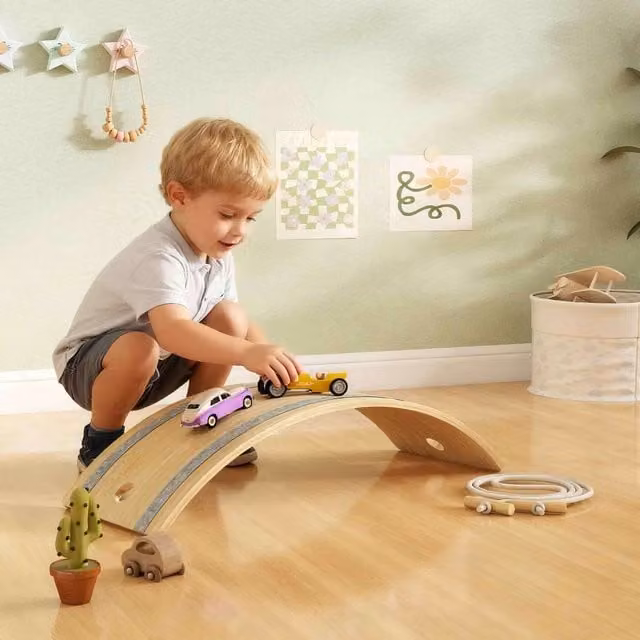 AIYAPLAY Kids Wooden Wobble Board with Rope and Felt in Natural Wood Finish