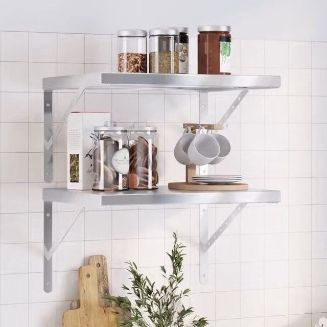 Berkfield Home Set of 2 Silver Stainless Steel Wall Mounted Shelves, W: 50 cm, H: 40 cm
