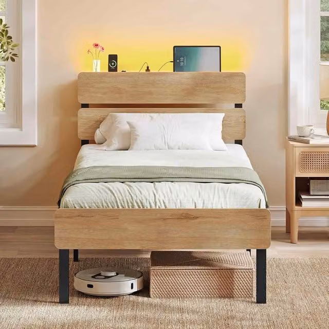 The Bazaarist Single Metal Bed Frame with LED Headboard, USB and Type-C Charging Ports and Side Compartments in Natural Brown, 90 x 190 cm