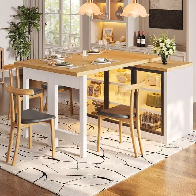 Merax White Extending Kitchen Island Dining Table with LED and Transparent Glazed Display – 1