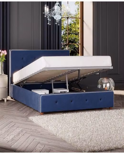 Laurence Llewelyn-Bowen Hesper Ottoman Storage Bed in Navy Blue Plush Velvet Fabric, Size: Double (140 x 200 cm) – 1