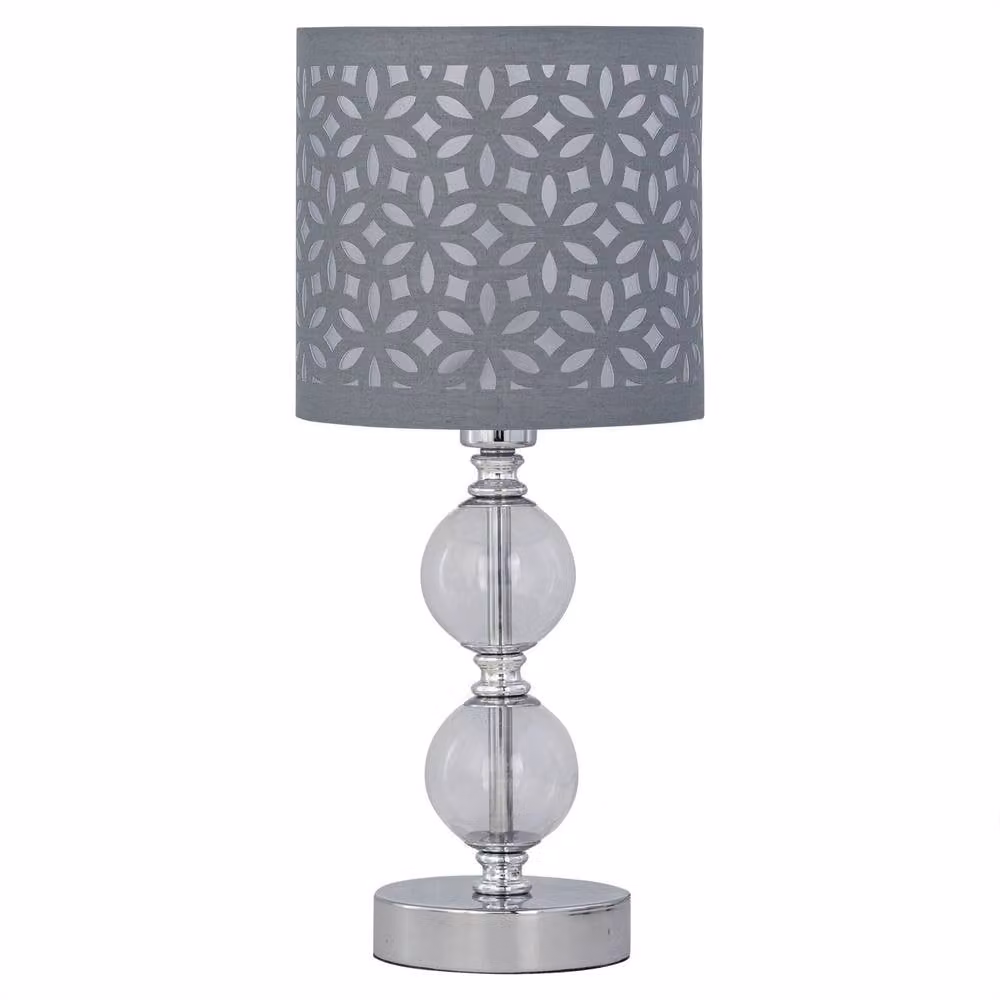 First Choice Lighting Set of 2 Chrome Two Ball Table Lamps with Grey Fabric Cut Out Shades in Silver – 2