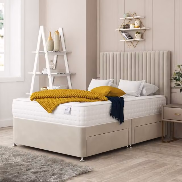 Bed Choices Manhattan Upholstered Divan Bed with 2 Drawers, Mattress and Headboard in Cream Velvet, W/D/H: 140 x 200 cm