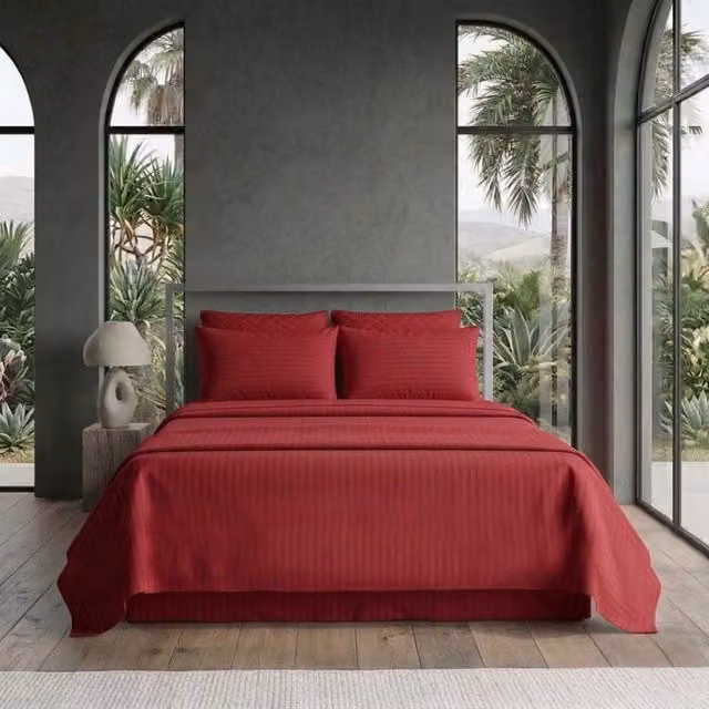 Snug City Red Satin Stripe T250 Cotton Rich Soft Flat Sheet Bed Linen, Size: Single (W: 90 cm, L: 200 cm)