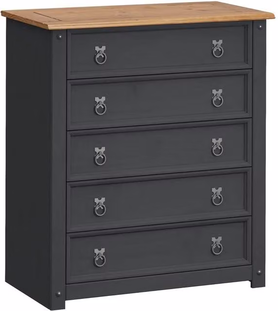 FORGEVIO 5 Drawer Small Solid Wood Chest of Drawers in Charcoal Grey Waxed Finish – 1