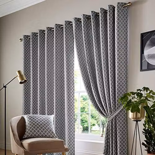 Alan Symonds Cotswold Eyelet Ring Top Curtains, Pair, Beige and White, W: 229 cm, H: 183 cm