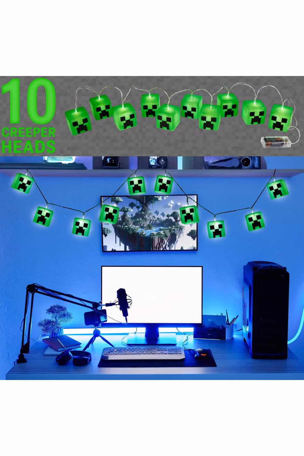 HALANTEX Minecraft Creeper LED String Lights in Green, Battery Operated 3D Cube Fairy Lights – 7