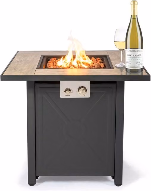 KAMAR Black Gas Fire Table Garden Fire Pit with Ceramic and Metal Details W/D/H: 71 x 71 x 63 cm
