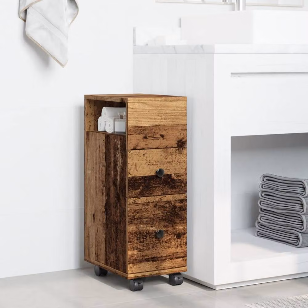 Berkfield Home Narrow Freestanding Bathroom Cabinet with Wheels in Old Wood Brown – 3