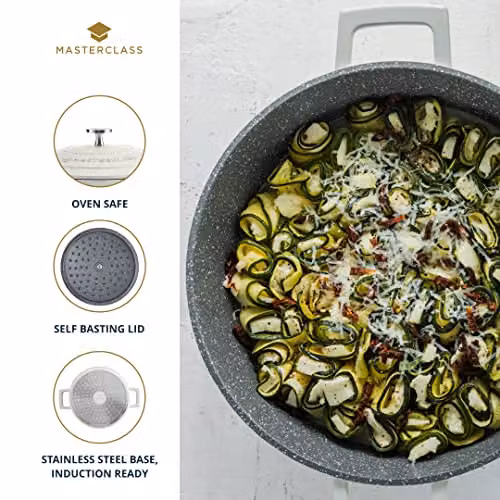 MasterClass Shallow Casserole Dish with Lid, Non-Stick Aluminium and Stainless Steel, 4L, Cream – 4