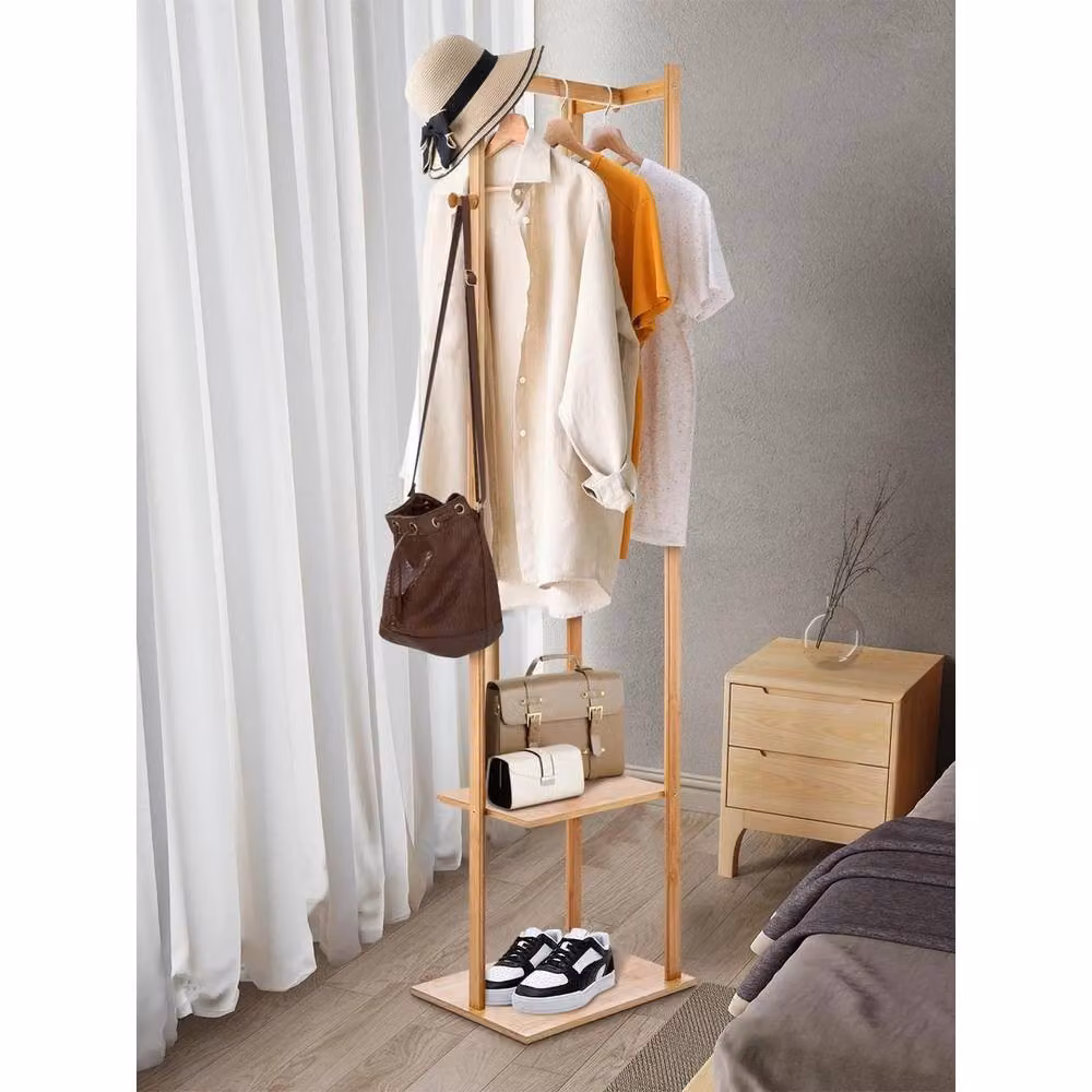 VOGREX Bamboo Coat Stand in Beige with 3 Hooks, Pants Bar and 2 Shelves – 2