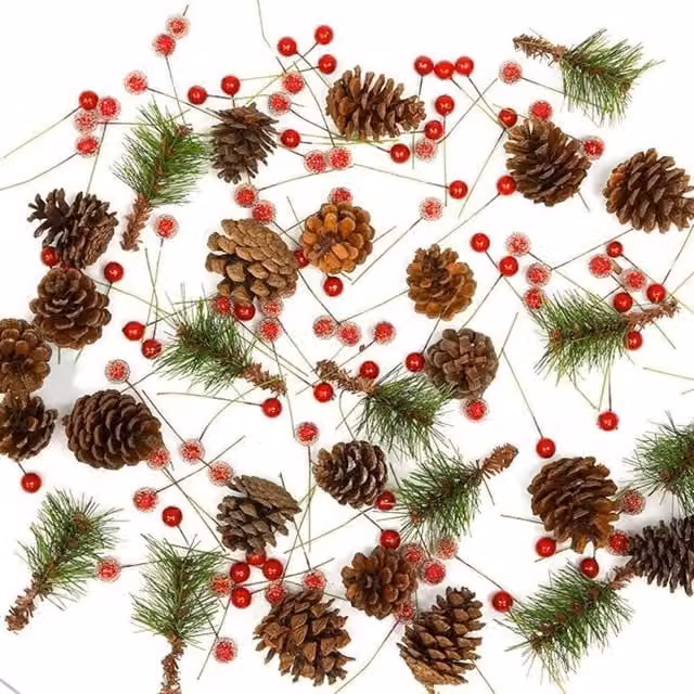 Pelle & Sol 130 Piece Christmas Crafts Realistic Pine Cones and Berry Accessory Set in Green, Red and Multicolour