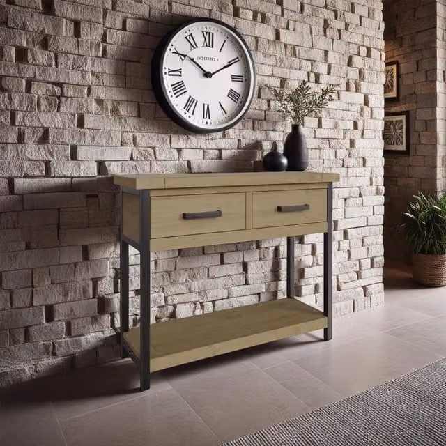 FWStyle Solid Lacquered Pine Console Table in Driftwood Grey and Brown