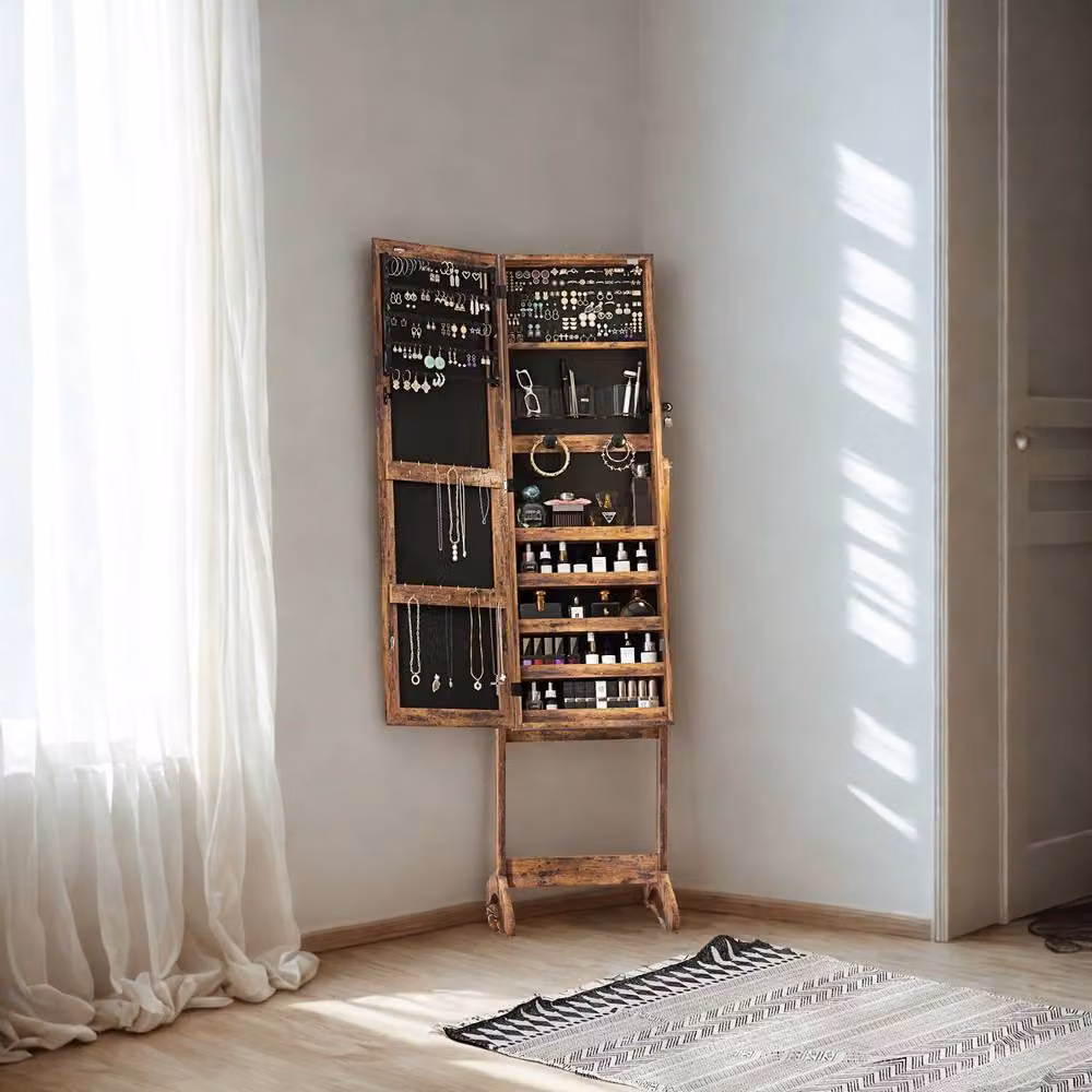 FURNOS Brown Free Standing Jewellery Cabinet with Lockable Mirror and LED Lighting, H: 151.5 cm, W: 46.0 cm, D: 36.5 cm – 3