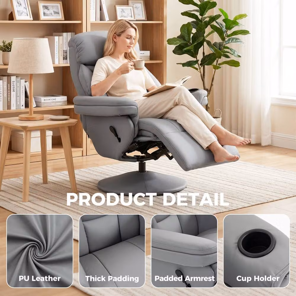 HOMCOM Grey Upholstered Reclining Armchair with 360 Degree Swivel and Adjustable Backrest – 4
