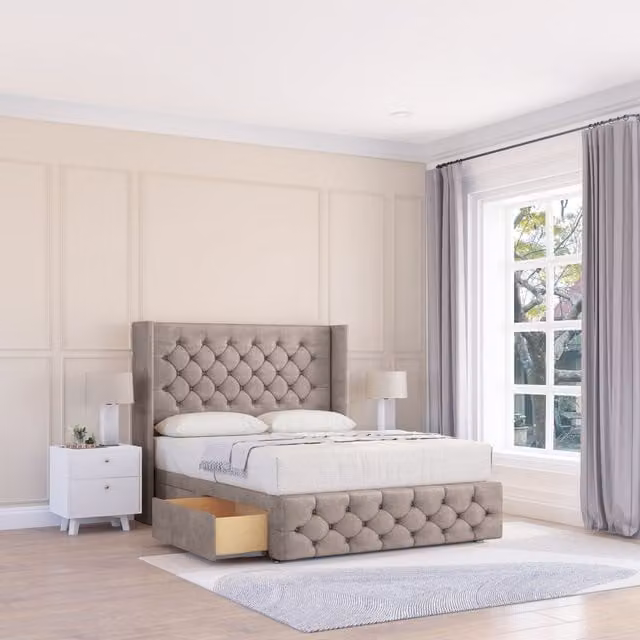 Sloomy Luthor Plush Wingback Bed Set in Stone, Small Single, with 54 inch Floor Standing Headboard