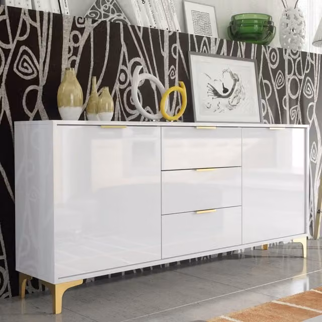 Creative Furniture Goldline Gloss Sideboard in White and Gold, W: 140 cm, H: 80 cm, D: 35 cm