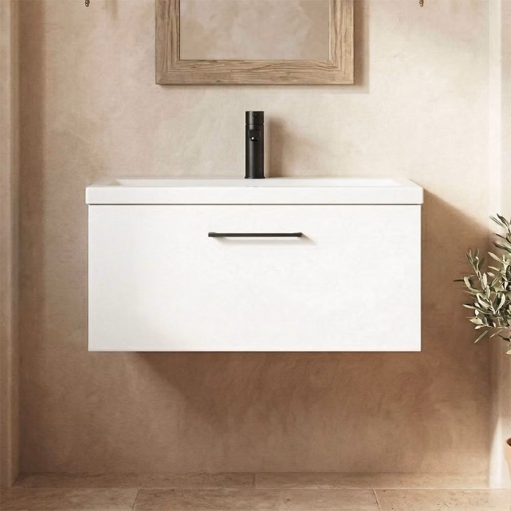 Balterley Gloss White Wall Hung 1 Drawer Vanity Basin Unit with Black Handle, Width: 80 cm – 5