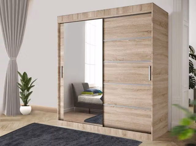 RAC3 Modern White and Brown Sliding Door Wardrobe with Mirror and Integrated Drawers, Width: 120 cm