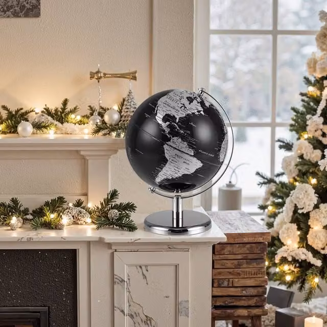 Costway Rotating World Globe in Metallic Black with Metal Stand, 20 cm