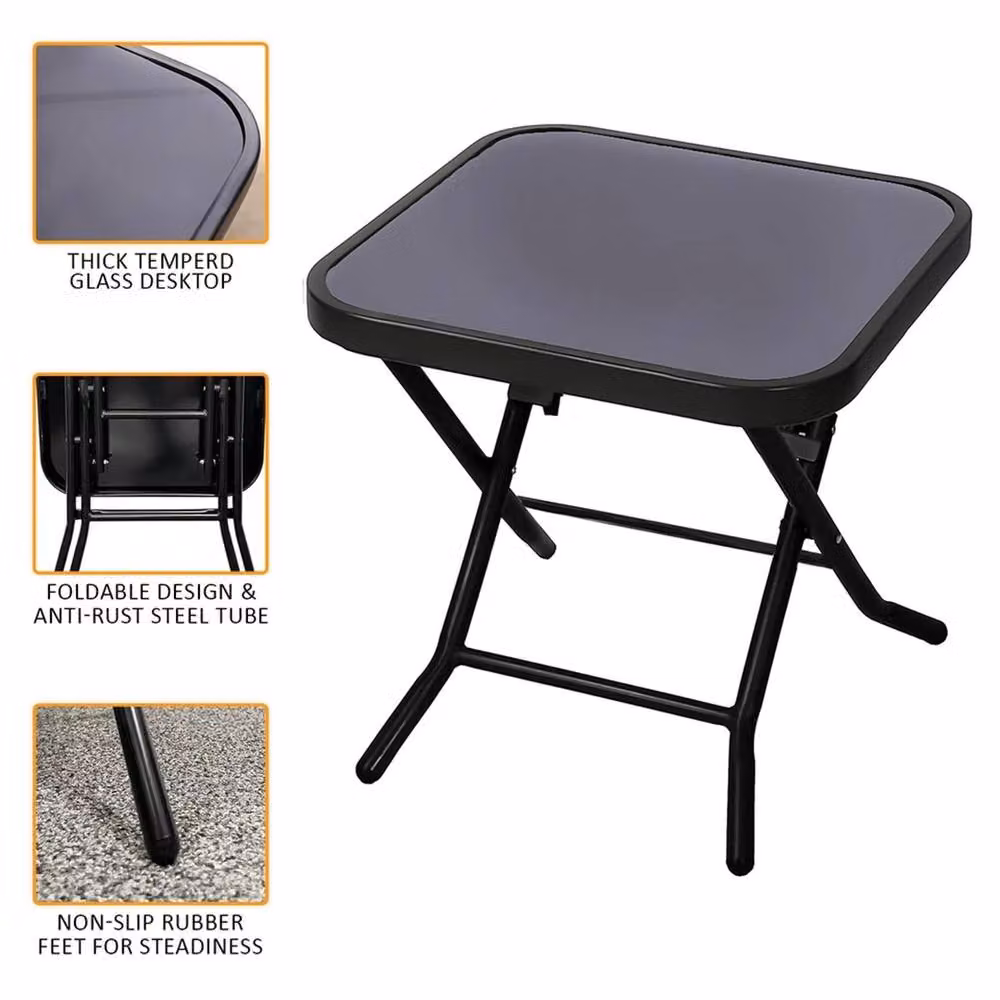Nordara Grey Folding Glass Top Small Side Table and Portable Garden Stool – 3
