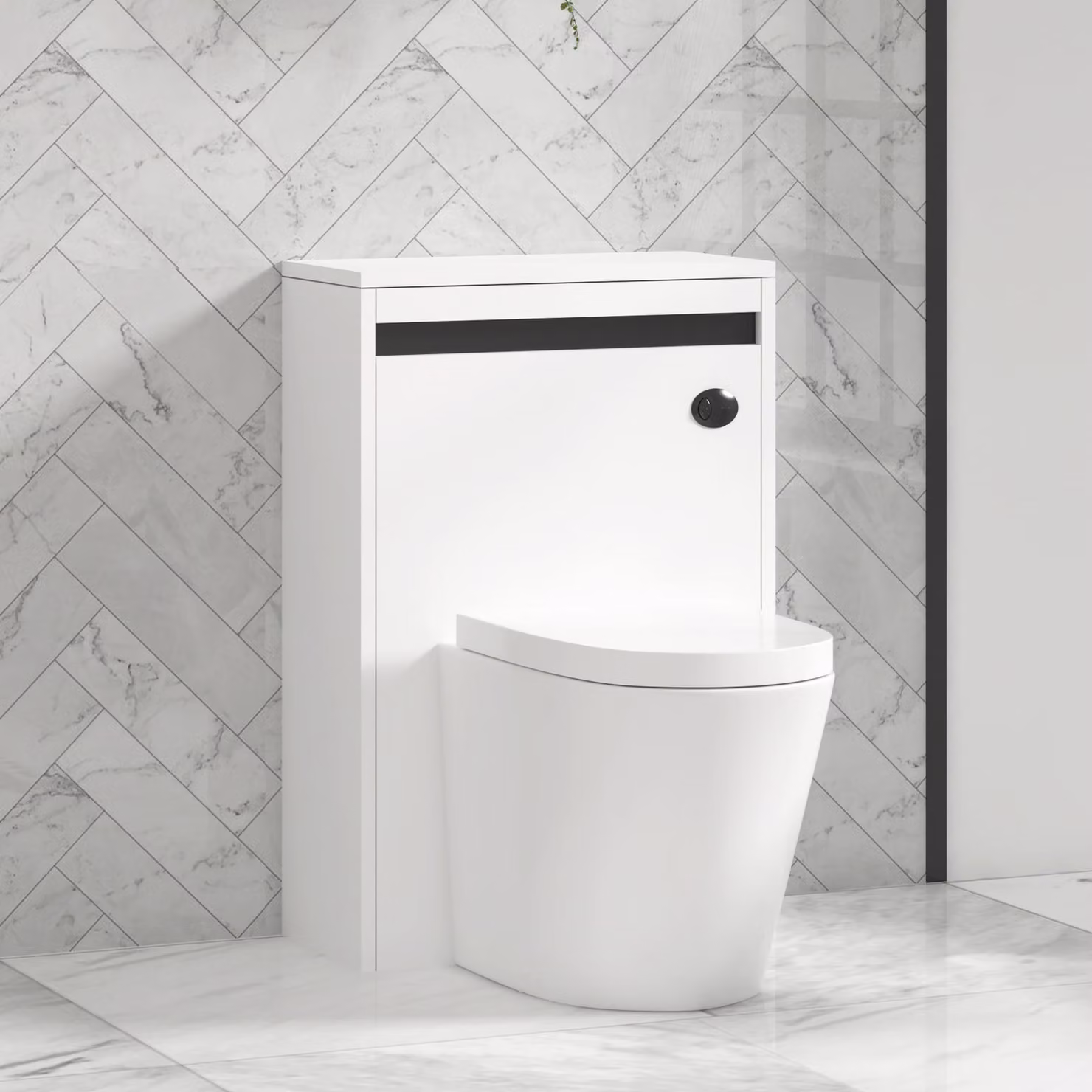 Royal Bathrooms Orion 540mm Matt White Back to Wall WC Unit with Cesar Rimless Ceramic Toilet Pan, Seat and Cistern with Black Accent Trim