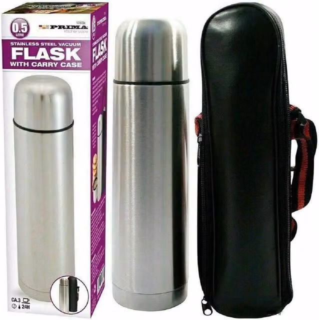 BARGAINS-GALORE Stainless Steel Vacuum Insulated Flask with Carry Case, 0.5 l, Metallic Silver – 1