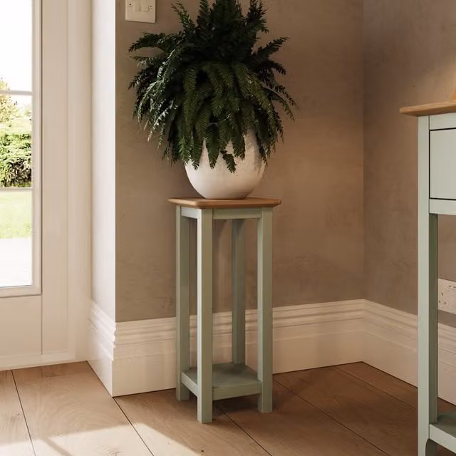 FWStyle Modern Painted Side Table with Oak Effect Top and Shelf in Green