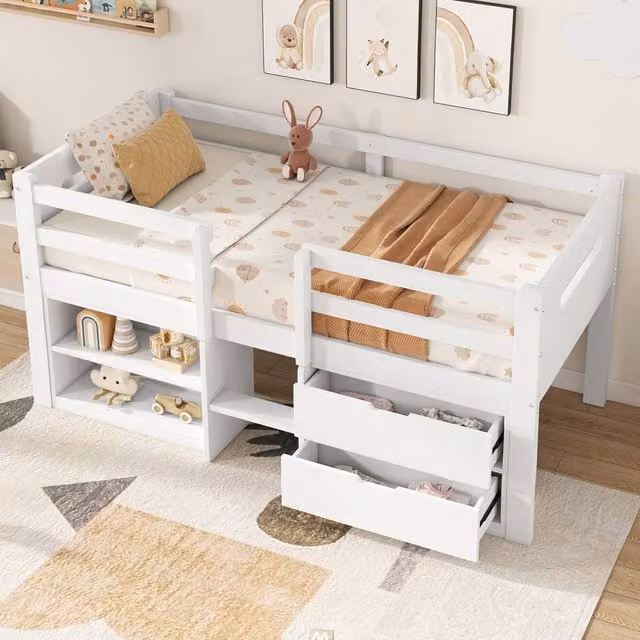 BTM Kids Storage Bed with Safety Rail and 2 Drawers, White, W/D/H: 90 x 190 x 94.5 cm – 1