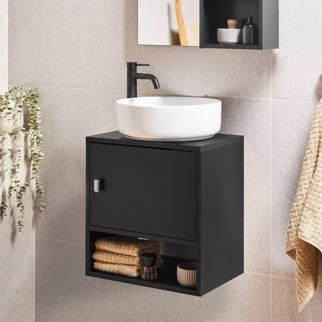 Wyld and Coco Black Wall Mounted Washbasin with Pre Cut Holes W: 45 cm, D: 30 cm, H: 47 cm