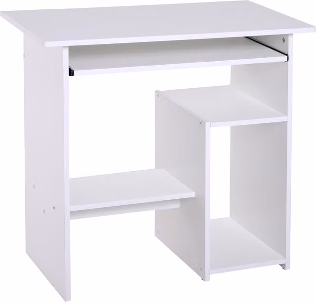 HOMCOM Compact White Wooden Computer Desk with Keyboard Tray and Storage Shelf for Home Office – 1