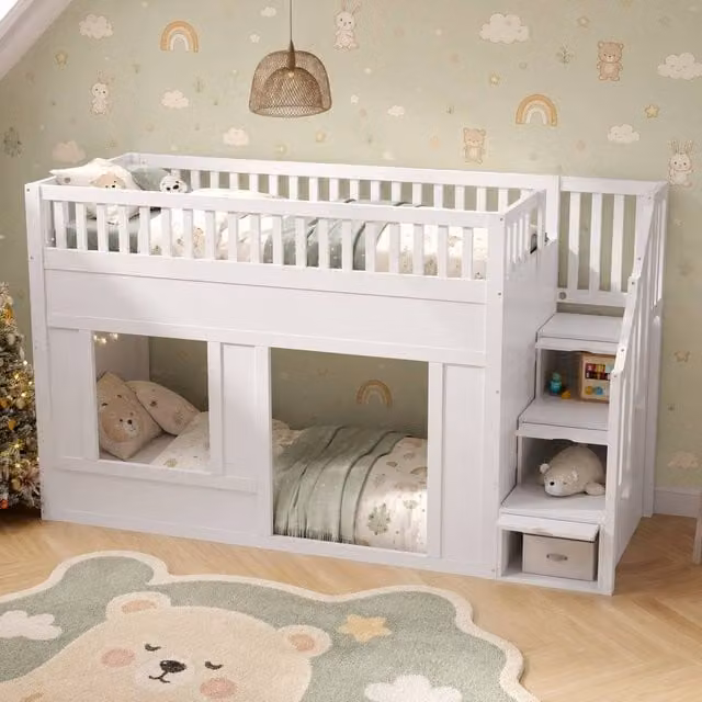 Merax White Childrens House Loft Bed with Storage Stairs and Side Compartments, W/D/H: 190 x 90 x 120 cm – 1