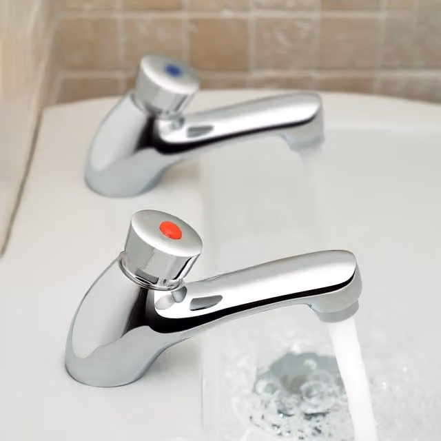 Nes Home Chrome Twin Brass Modern Non-Concussive Basin Taps in Silver – 1