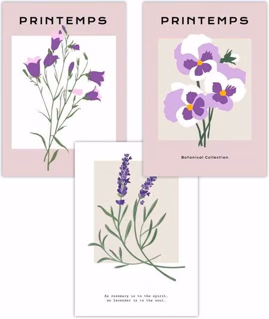 ARTZE Set of 3 Vintage Floral Spring Market Paper Posters in Purple, W: 42 cm, H: 59 cm