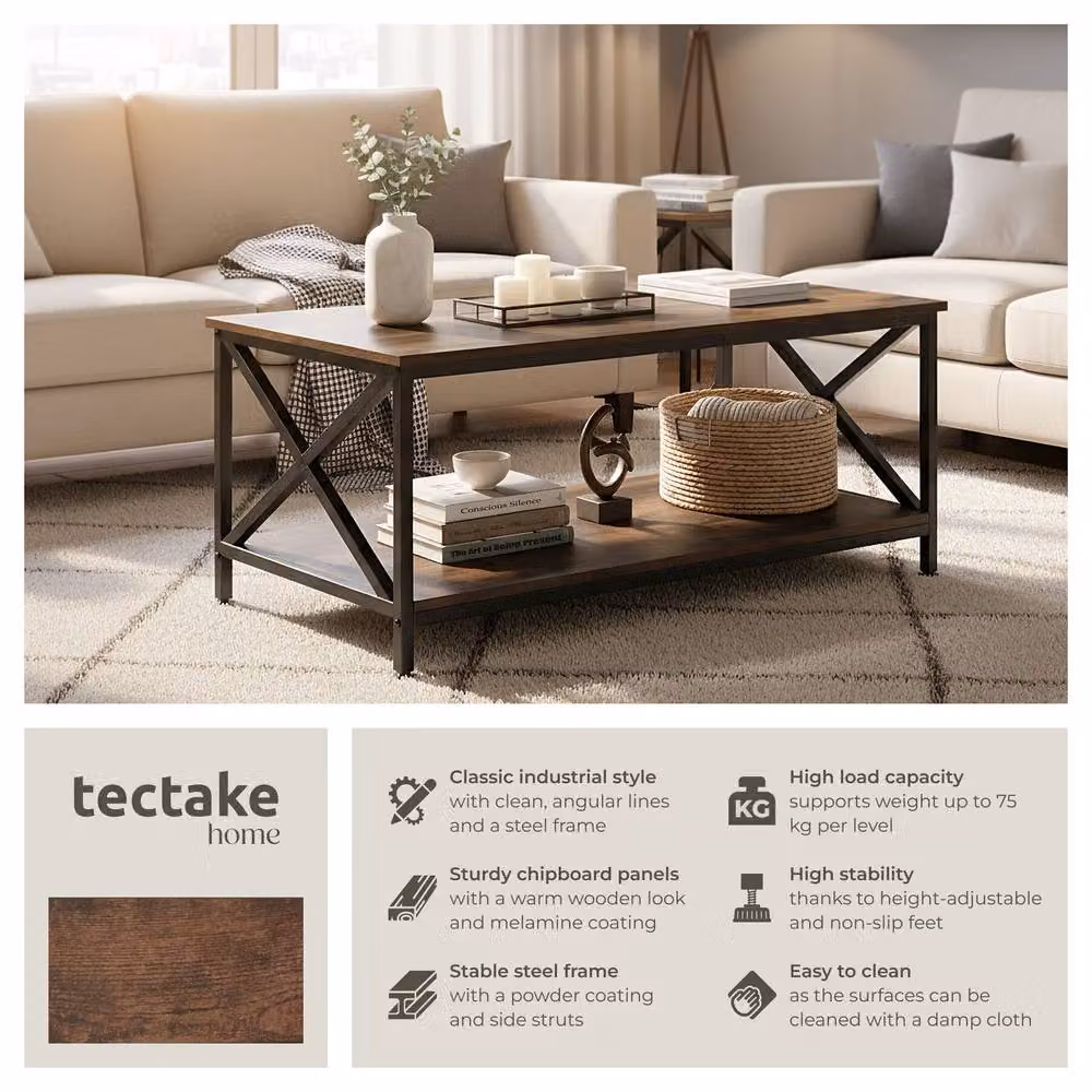 tectake Pittsburgh Rectangular Coffee Table with Storage Shelf in Brown and Grey – 2