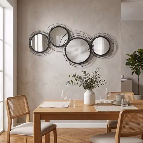 HOMCOM Modern Geometric Round Metal and Glass Wall Mirror, Black, Diameter: 56 cm – 4