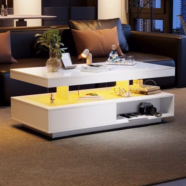 Aosom.UK Modern White High Gloss LED Coffee Table with 2 Drawers and 16-Colour LED Lights, W: 95 cm, D: 50 cm, H: 42.5 cm