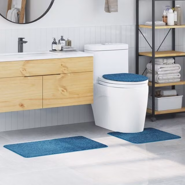 Berkfield Home 3 Piece Non-Slip Blue Polyester Bath Mat Set