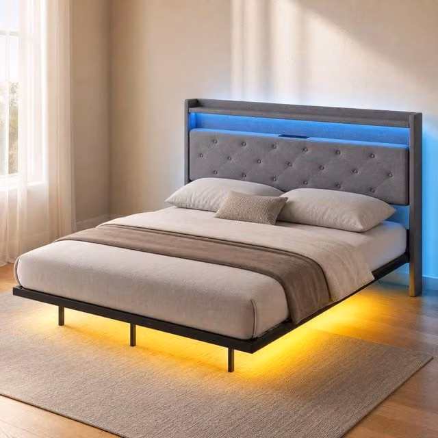 STILVORA Grey Fabric Floating King Bed Frame with RGB LED Under-Bed Lighting, USB Charging Ports and Bedside Shelves, W/D/H: 180 x 200 cm