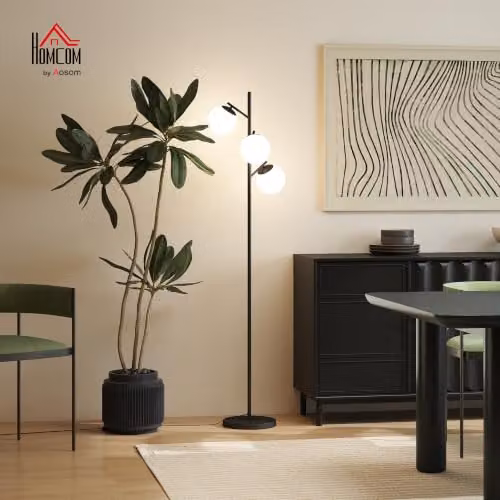 HOMCOM Modern 3-Light Tree Floor Lamp with Black Metal Base and White Glass Sphere Shades – 2