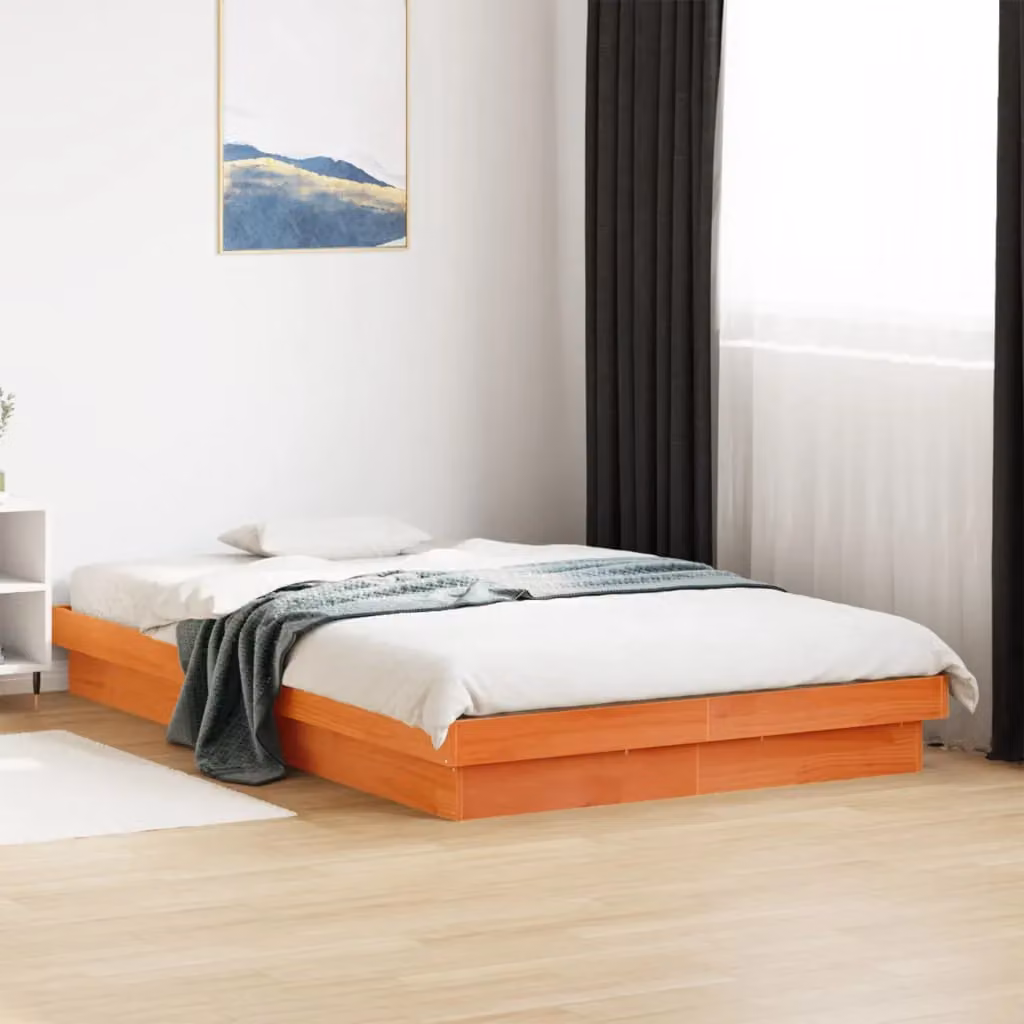 Berkfield Home Wax Brown Solid Wood Double Bed Frame with LED Under-Bed Lighting and USB Charging Port, W: 135 cm, L: 190 cm – 2