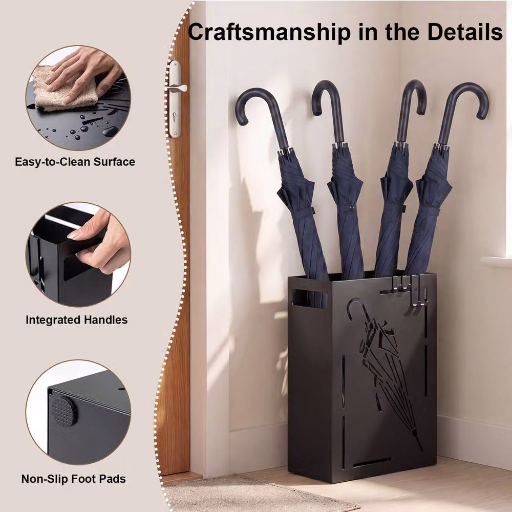 Gymax Metal Cutout Umbrella Stand with 4 Hanging Hooks and Removable Tray, Black – 7