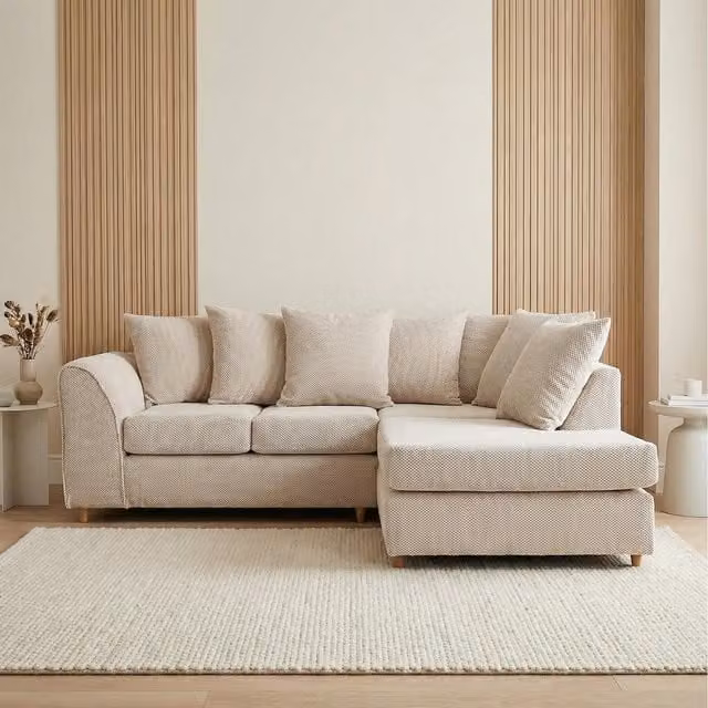 Abakus Direct Jumbo Grid L-Shape Corner Sofa in Beige with Padded Fabric Cushions and Scatter Cushions, Right-Hand Facing